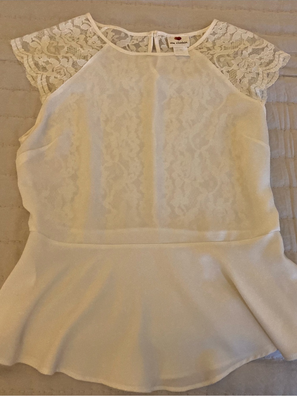 Lace-Trim Peplum Blouse in Cream by One Clothin